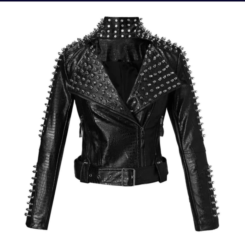 Studded Black Faux Leather Biker Jacket - Women